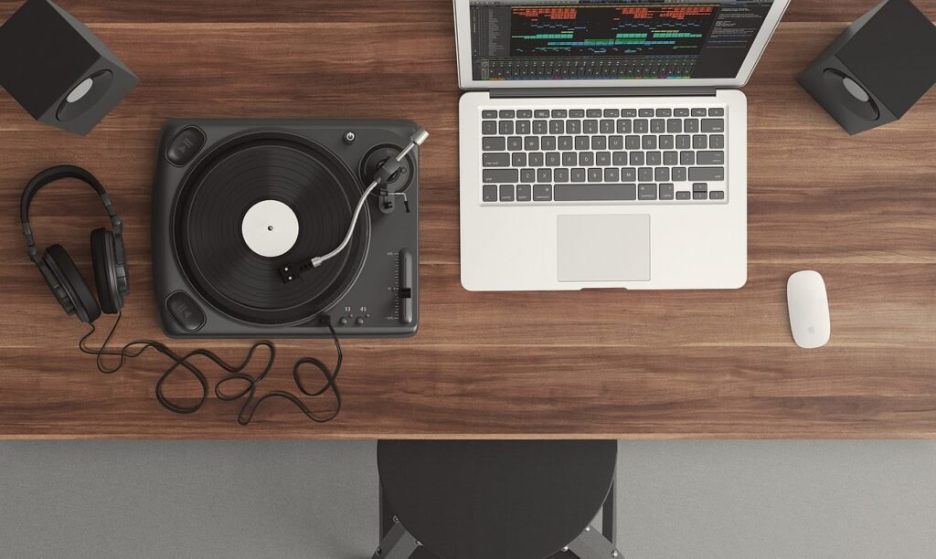 turntable, computer, workspace, workstation, flat lay, laptop, top view, audio, equipment, music, record, notebook, table, mockup, computer, music, music, music, music, music